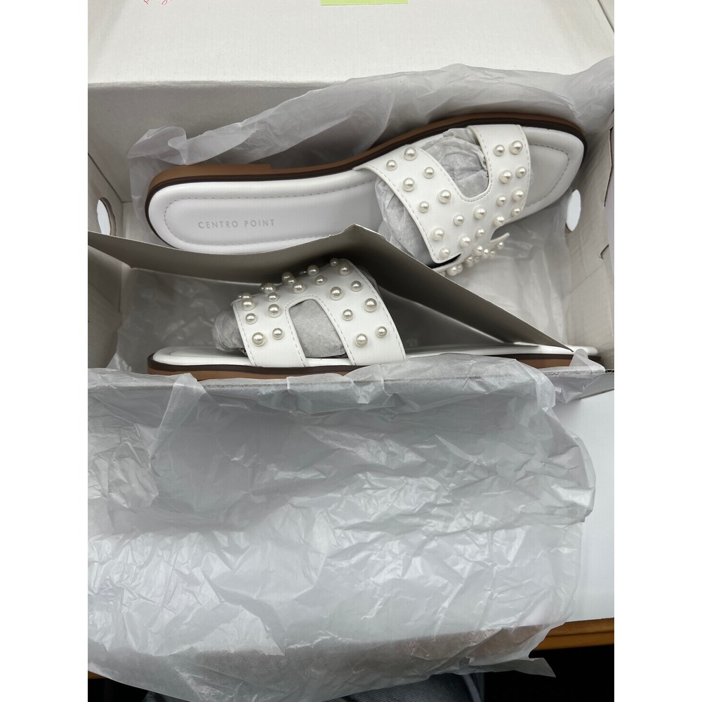 Centro Point Womens Pearl Flat Sandals White H Strap Slide Size 9 C16117-PRL - Picture 9 of 9